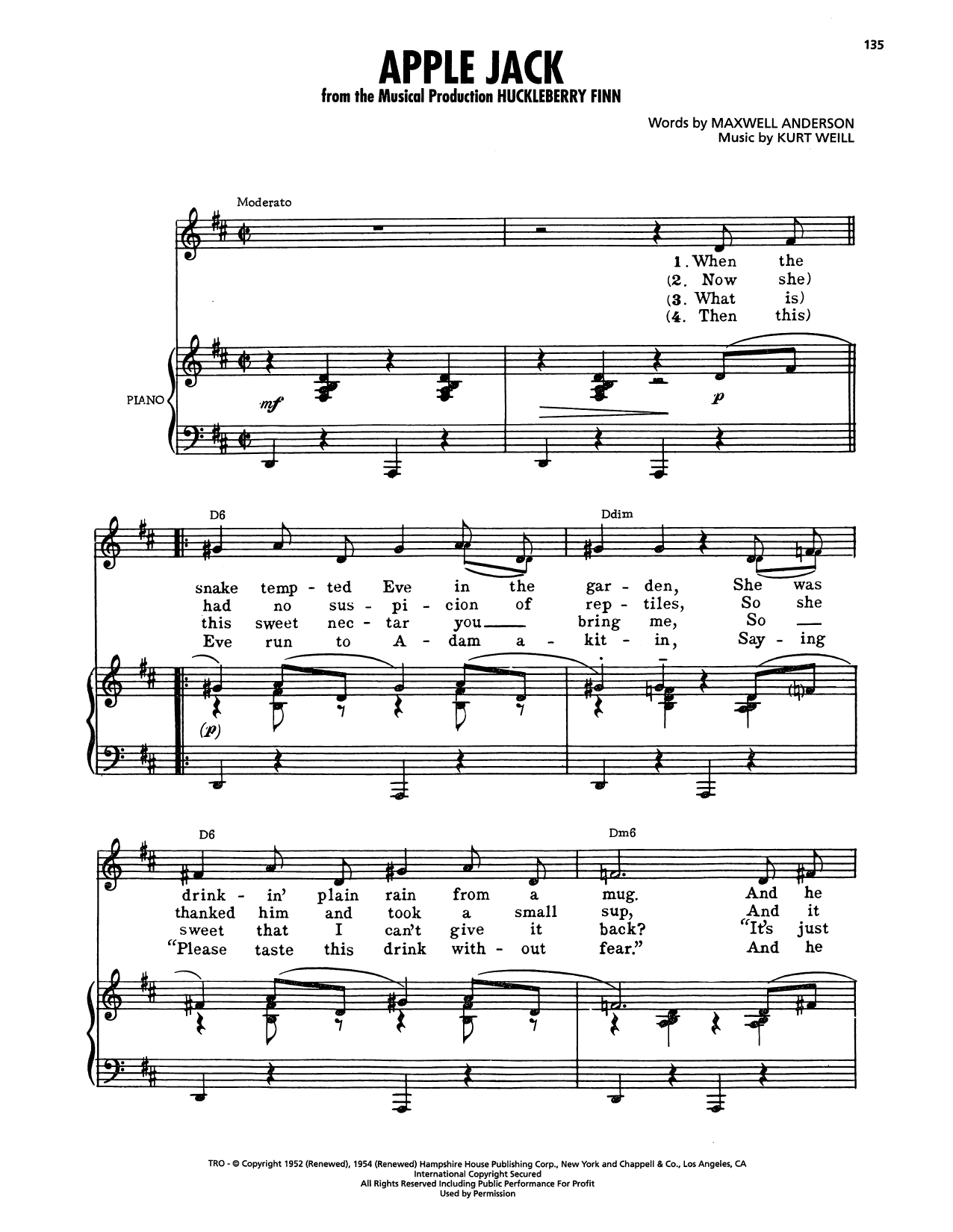 Maxwell Anderson Apple Jack (from Huckleberry Finn) Sheet Music Notes & Chords for Piano, Vocal & Guitar Chords (Right-Hand Melody) - Download or Print PDF
