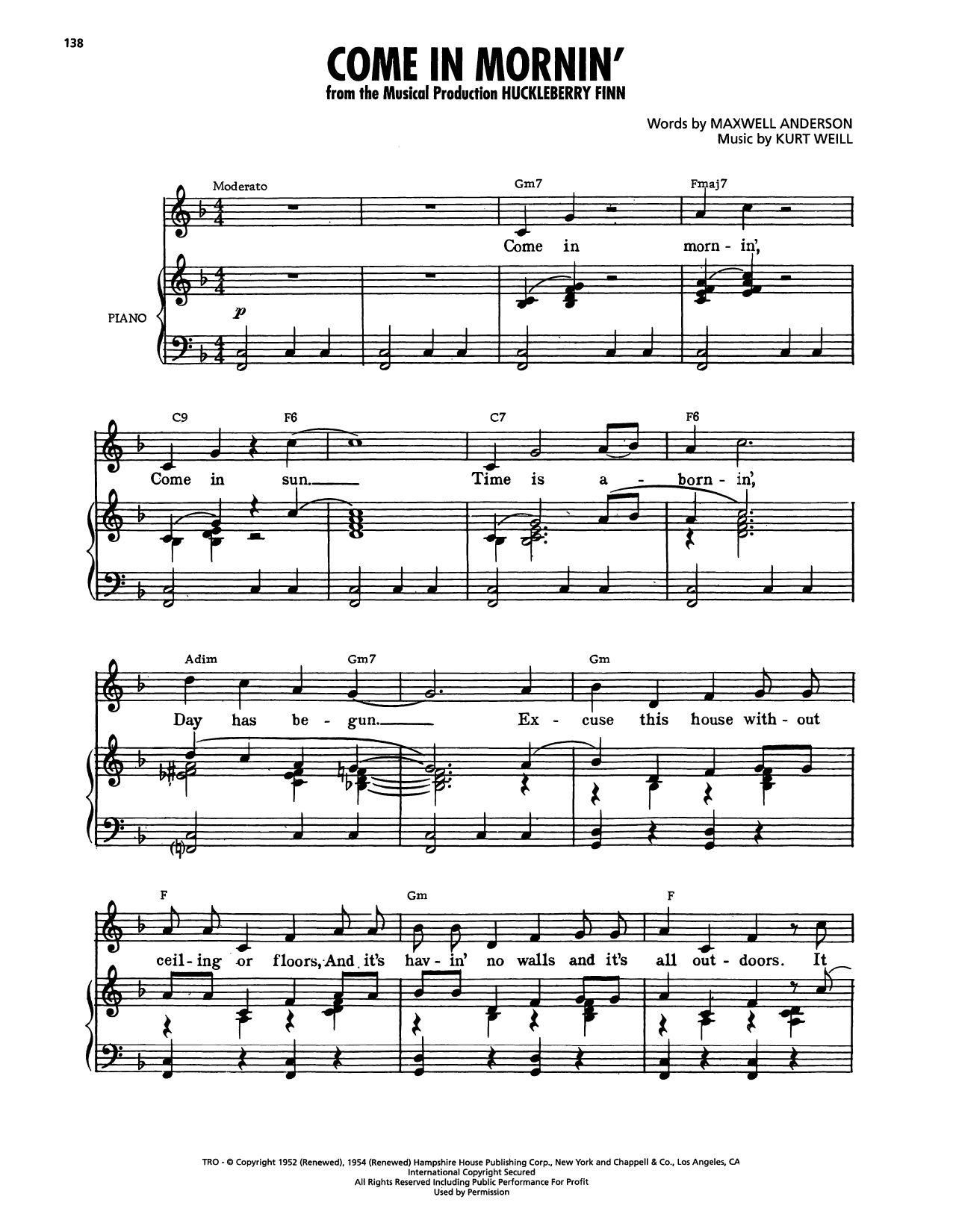 Maxwell Anderson Come In Mornin' (from Huckleberry Finn) Sheet Music Notes & Chords for Piano, Vocal & Guitar Chords (Right-Hand Melody) - Download or Print PDF