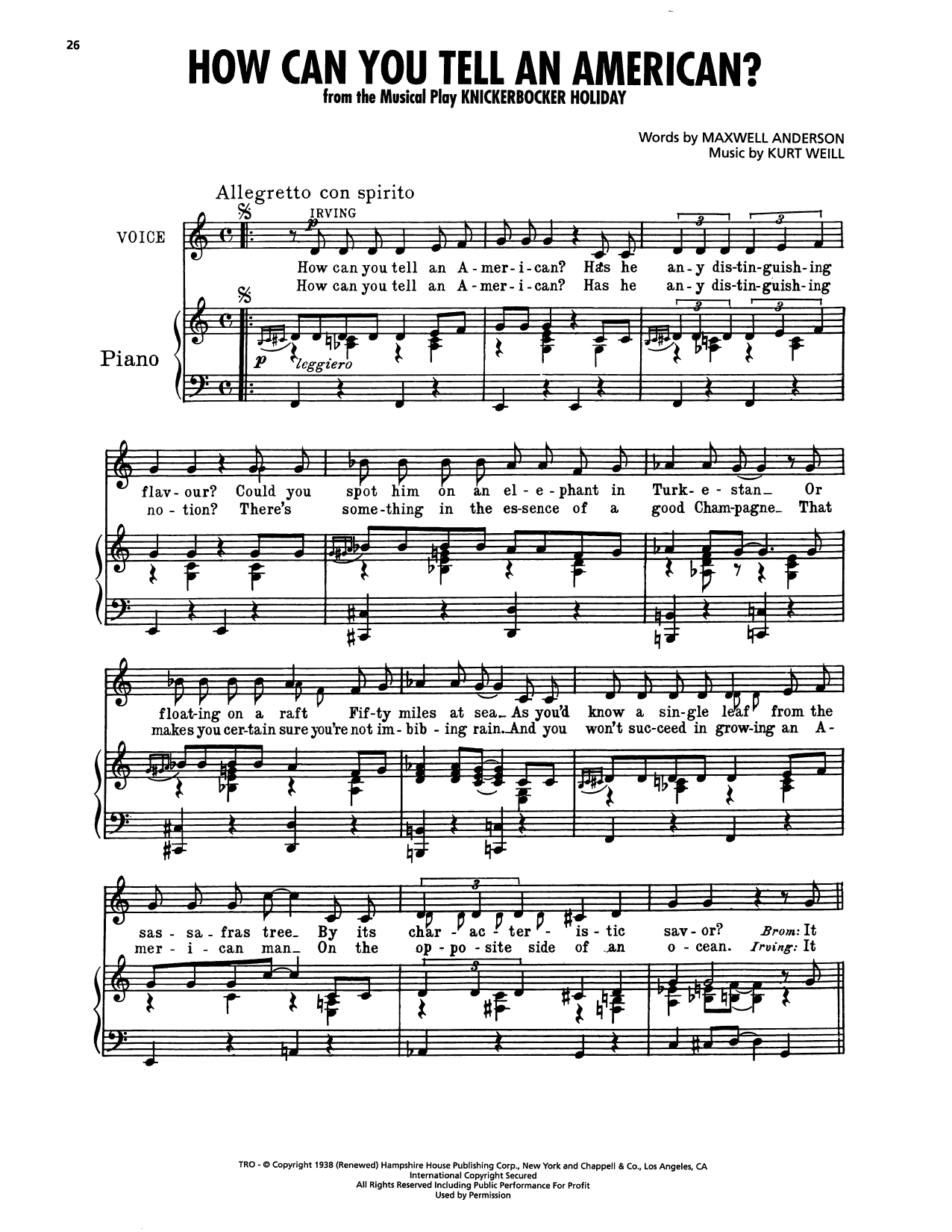 Maxwell Anderson How Can You Tell An American? (from Knickerbocker Holiday) Sheet Music Notes & Chords for Piano, Vocal & Guitar Chords (Right-Hand Melody) - Download or Print PDF