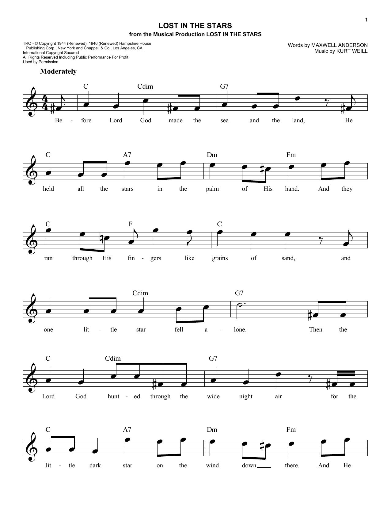 Maxwell Anderson Lost In The Stars Sheet Music Notes & Chords for Melody Line, Lyrics & Chords - Download or Print PDF