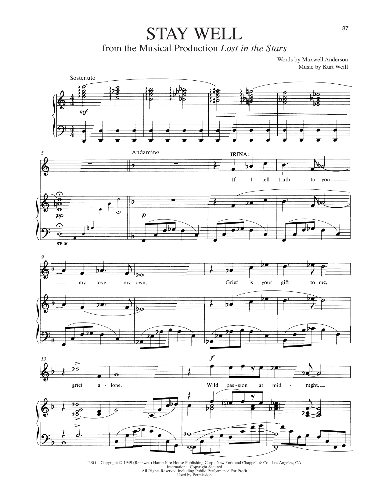 Maxwell Anderson Stay Well (from Lost In The Stars) Sheet Music Notes & Chords for Piano & Vocal - Download or Print PDF
