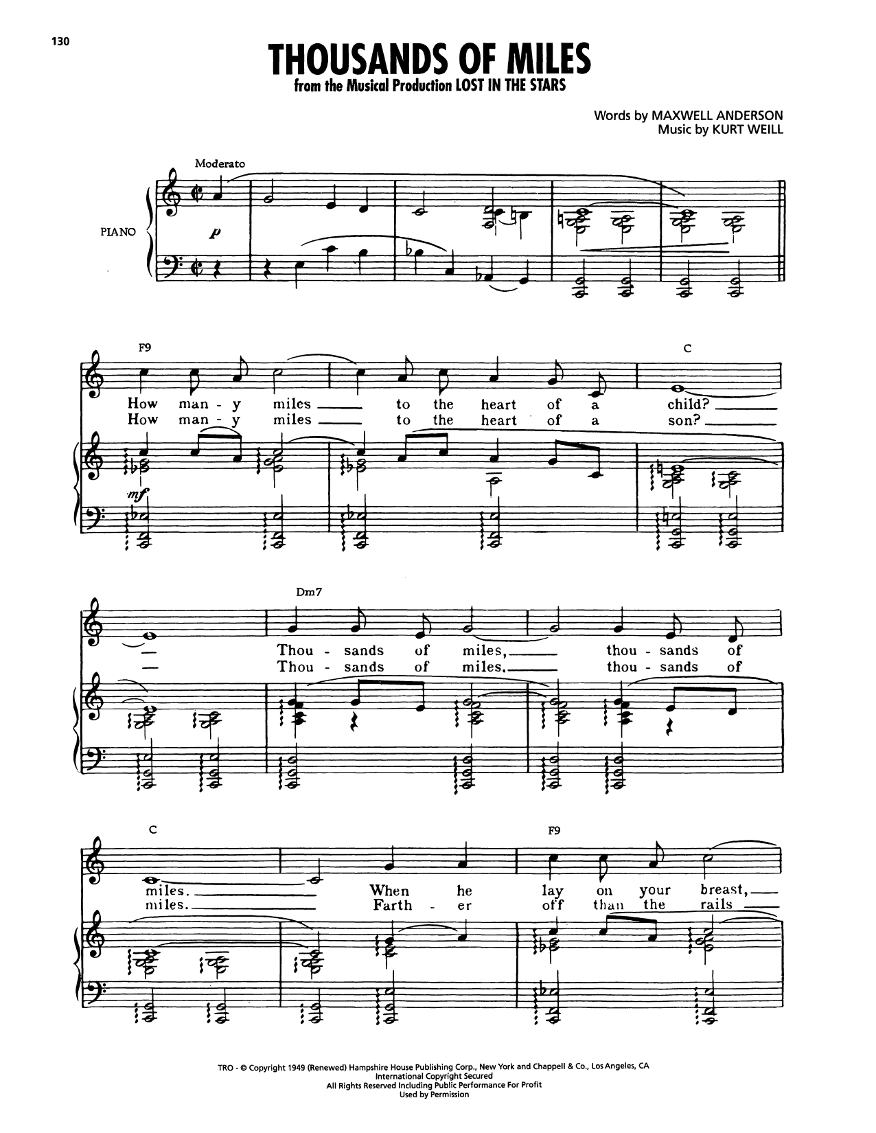 Maxwell Anderson Thousands Of Miles (from Lost In The Stars) Sheet Music Notes & Chords for Piano, Vocal & Guitar Chords (Right-Hand Melody) - Download or Print PDF