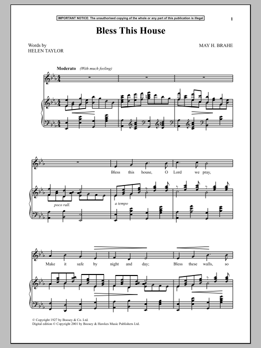 May H. Brahe Bless This House Sheet Music Notes & Chords for Piano & Vocal - Download or Print PDF