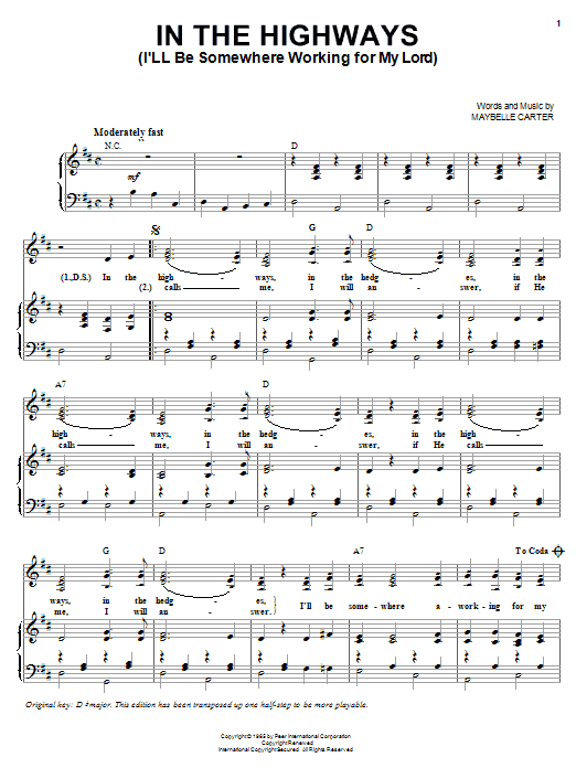 Maybelle Carter In The Highways (I'll Be Somewhere Working For My Lord) Sheet Music Notes & Chords for Piano, Vocal & Guitar (Right-Hand Melody) - Download or Print PDF