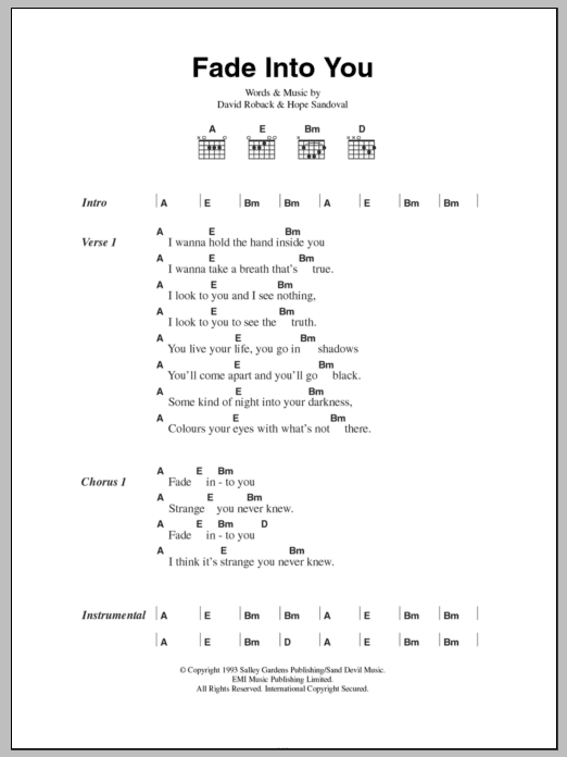 Mazzy Star Fade Into You Sheet Music Notes & Chords for Lyrics & Chords - Download or Print PDF