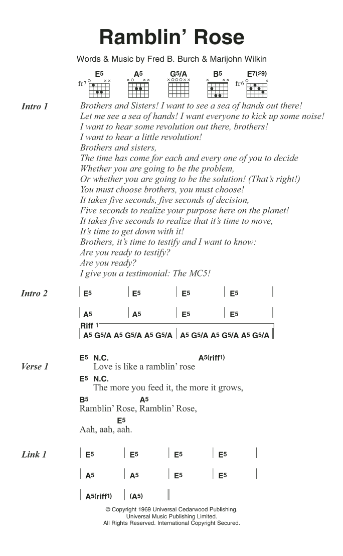 MC5 Ramblin' Rose Sheet Music Notes & Chords for Lyrics & Chords - Download or Print PDF