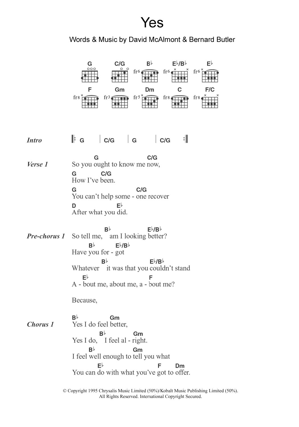 McAlmont & Butler Yes Sheet Music Notes & Chords for Lyrics & Chords - Download or Print PDF