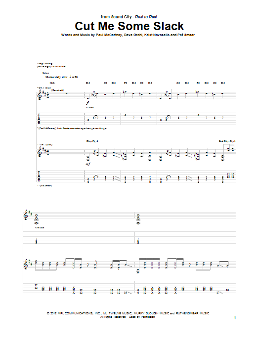 McCartney, Grohl, Novoselic, Smear Cut Me Some Slack Sheet Music Notes & Chords for Guitar Tab - Download or Print PDF