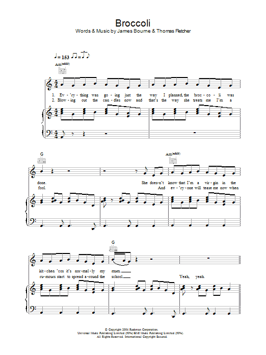 McFly Broccoli Sheet Music Notes & Chords for Piano, Vocal & Guitar (Right-Hand Melody) - Download or Print PDF