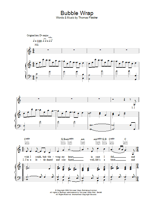 McFly Bubble Wrap Sheet Music Notes & Chords for Piano, Vocal & Guitar - Download or Print PDF