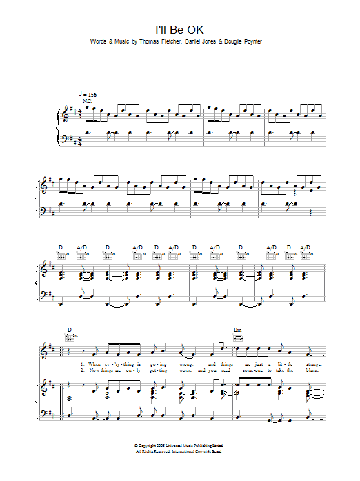 McFly I'll Be OK Sheet Music Notes & Chords for Piano, Vocal & Guitar (Right-Hand Melody) - Download or Print PDF