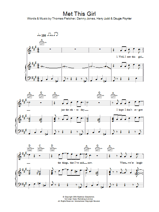 McFly Met This Girl Sheet Music Notes & Chords for Piano, Vocal & Guitar (Right-Hand Melody) - Download or Print PDF