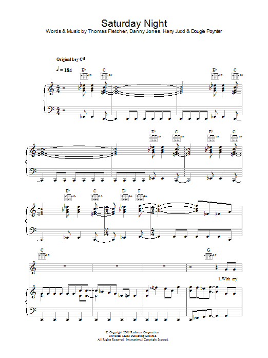 McFly Saturday Night Sheet Music Notes & Chords for Piano, Vocal & Guitar (Right-Hand Melody) - Download or Print PDF