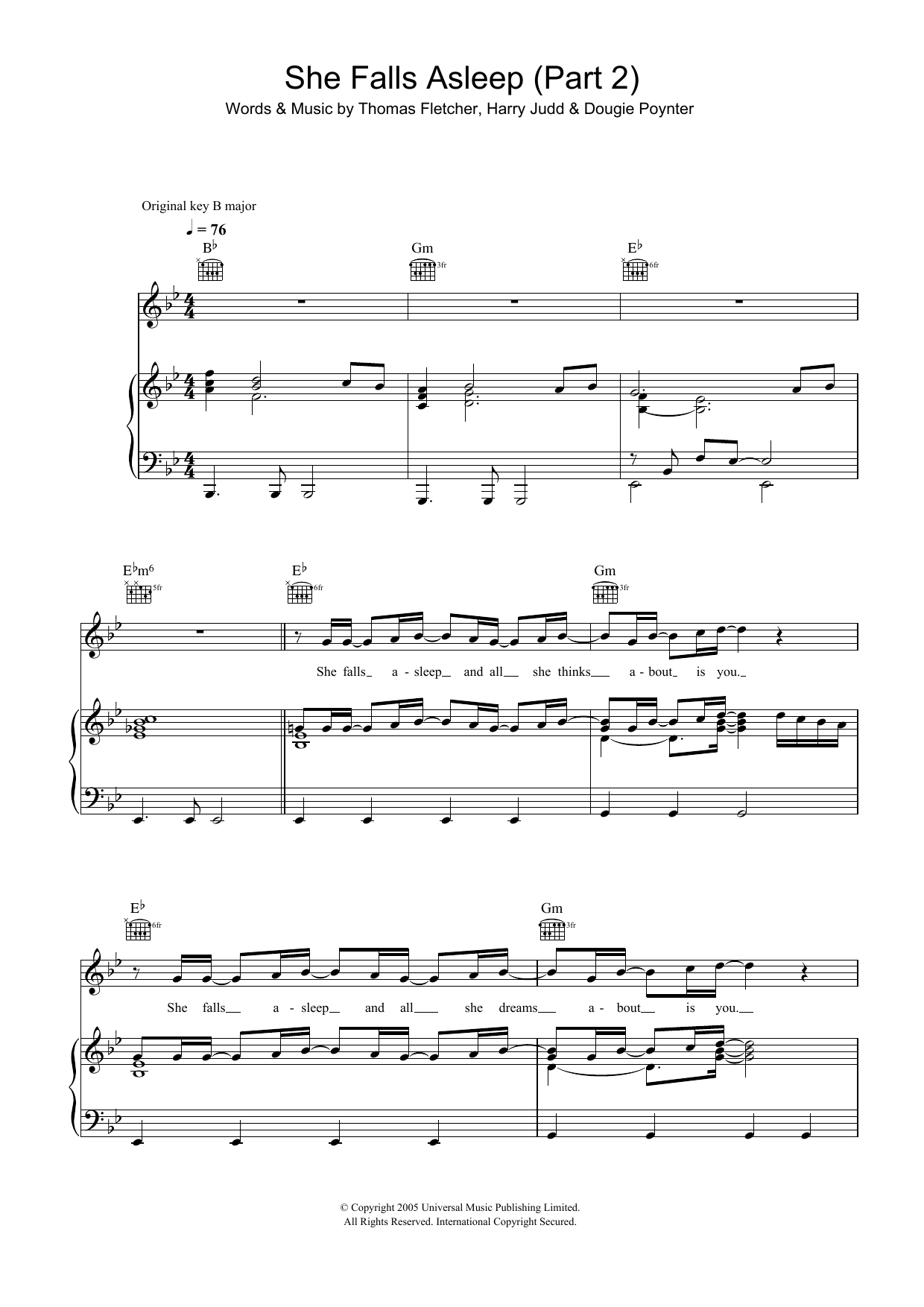 McFly She Falls Asleep Part 2 Sheet Music Notes & Chords for Piano, Vocal & Guitar (Right-Hand Melody) - Download or Print PDF