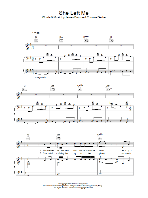 McFly She Left Me Sheet Music Notes & Chords for Piano, Vocal & Guitar (Right-Hand Melody) - Download or Print PDF