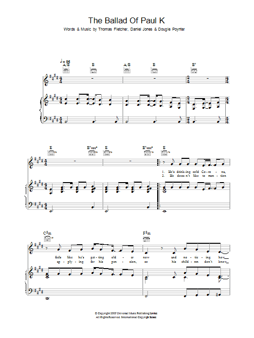 McFly The Ballad Of Paul K Sheet Music Notes & Chords for Piano, Vocal & Guitar (Right-Hand Melody) - Download or Print PDF