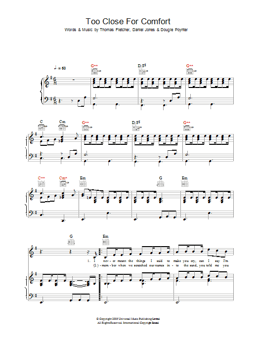 McFly Too Close For Comfort Sheet Music Notes & Chords for Piano, Vocal & Guitar (Right-Hand Melody) - Download or Print PDF