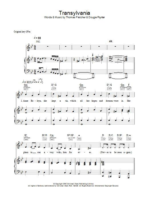McFly Transylvania Sheet Music Notes & Chords for Piano, Vocal & Guitar - Download or Print PDF