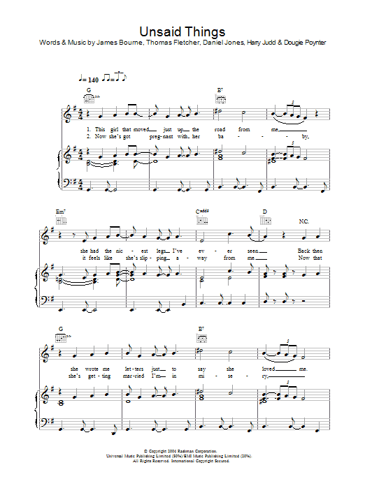 McFly Unsaid Things Sheet Music Notes & Chords for Piano, Vocal & Guitar (Right-Hand Melody) - Download or Print PDF