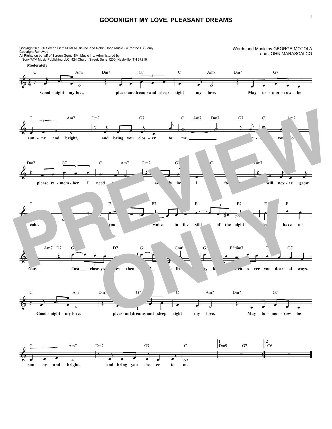 McGuire Sisters Goodnight My Love, Pleasant Dreams Sheet Music Notes & Chords for Melody Line, Lyrics & Chords - Download or Print PDF