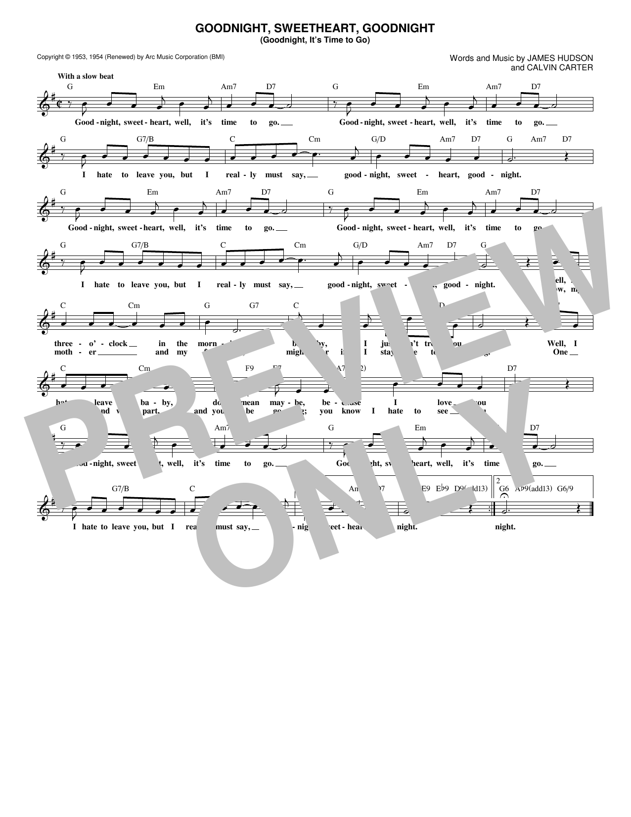 McGuire Sisters Goodnight, Sweetheart, Goodnight (Goodnight, It's Time To Go) Sheet Music Notes & Chords for Melody Line, Lyrics & Chords - Download or Print PDF