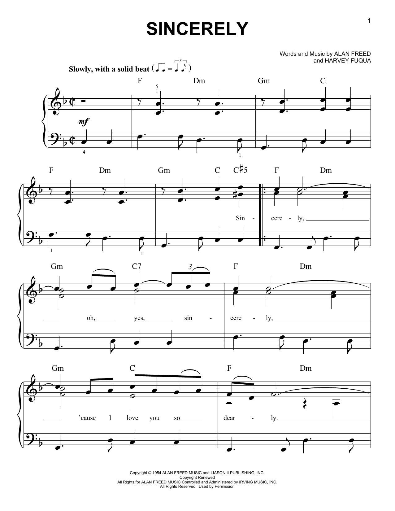 McGuire Sisters Sincerely Sheet Music Notes & Chords for Easy Piano - Download or Print PDF