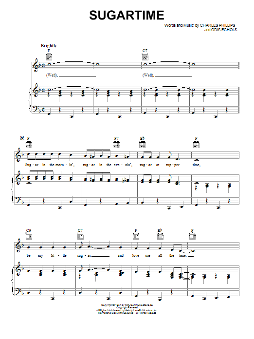 McGuire Sisters Sugartime Sheet Music Notes & Chords for Piano, Vocal & Guitar (Right-Hand Melody) - Download or Print PDF