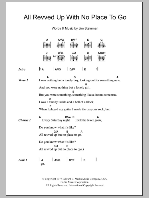 Meat Loaf All Revved Up With No Place To Go Sheet Music Notes & Chords for Piano, Vocal & Guitar Chords (Right-Hand Melody) - Download or Print PDF