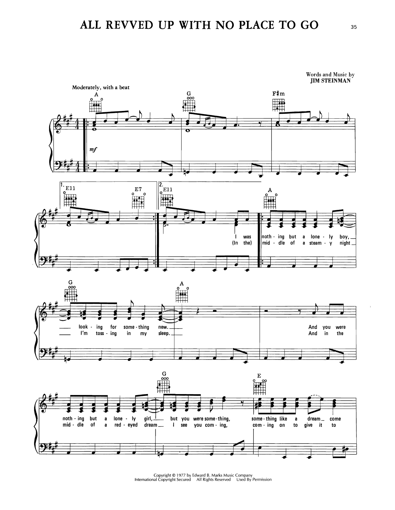 Meat Loaf All Revved Up With No Place To Go Sheet Music Notes & Chords for Piano, Vocal & Guitar Chords (Right-Hand Melody) - Download or Print PDF