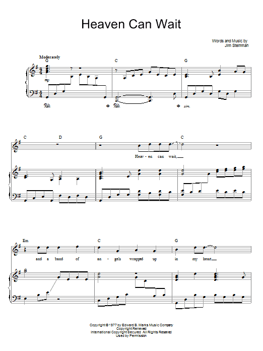 Meat Loaf Heaven Can Wait Sheet Music Notes & Chords for Lyrics & Chords - Download or Print PDF