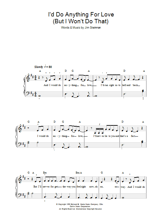 Meat Loaf I'd Do Anything For Love (But I Won't Do That) Sheet Music Notes & Chords for Beginner Piano - Download or Print PDF