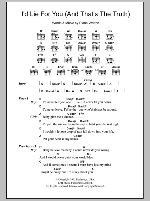 Meat Loaf I'd Lie For You (And That's The Truth) Sheet Music Notes & Chords for Lyrics & Chords - Download or Print PDF