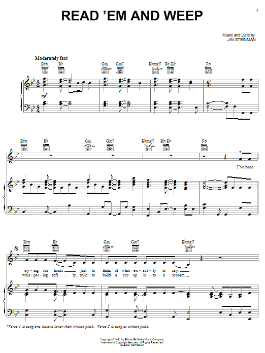Meat Loaf Read'em And Weep Sheet Music Notes & Chords for Piano, Vocal & Guitar (Right-Hand Melody) - Download or Print PDF