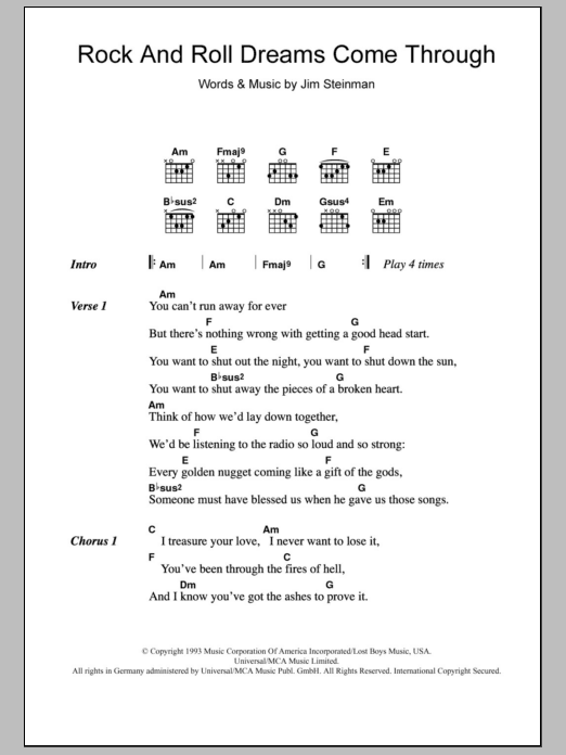 Meat Loaf Rock And Roll Dreams Come Through Sheet Music Notes & Chords for Lyrics & Chords - Download or Print PDF Meat Loaf Rock And Roll Dreams Come Through Sheet Music Notes & Chords for Lyrics & Chords - Download or Print PDF