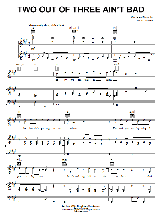Meat Loaf Two Out Of Three Ain't Bad Sheet Music Notes & Chords for Melody Line, Lyrics & Chords - Download or Print PDF
