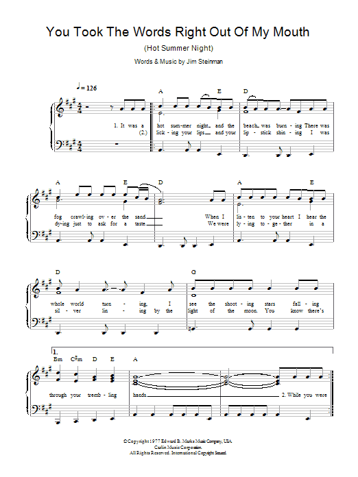 Meat Loaf You Took The Words Right Out Of My Mouth (Hot Summer Night) Sheet Music Notes & Chords for Keyboard - Download or Print PDF