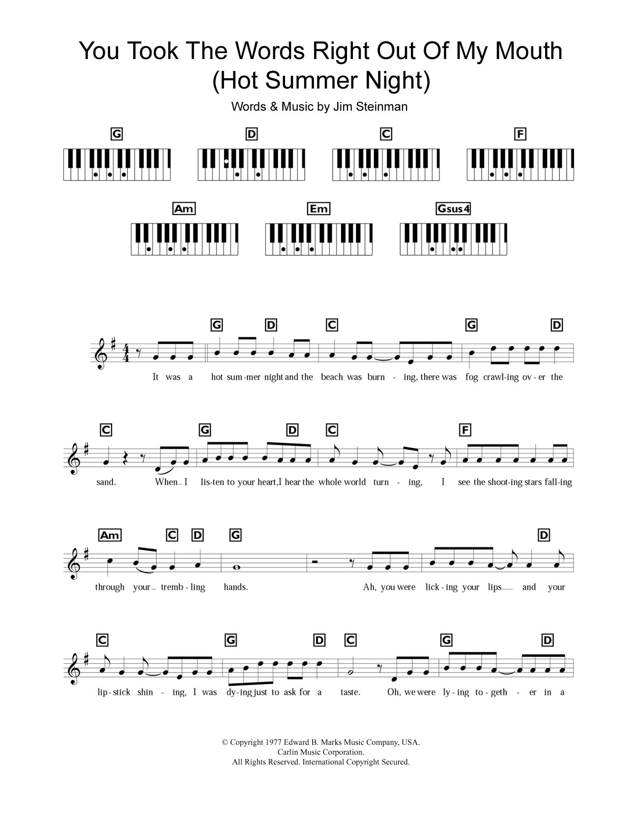 Meat Loaf You Took The Words Right Out Of My Mouth (Hot Summer Night) Sheet Music Notes & Chords for Keyboard - Download or Print PDF