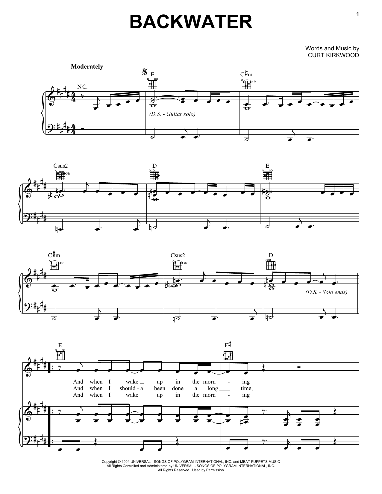 Meat Puppets Backwater Sheet Music Notes & Chords for Piano, Vocal & Guitar Chords (Right-Hand Melody) - Download or Print PDF
