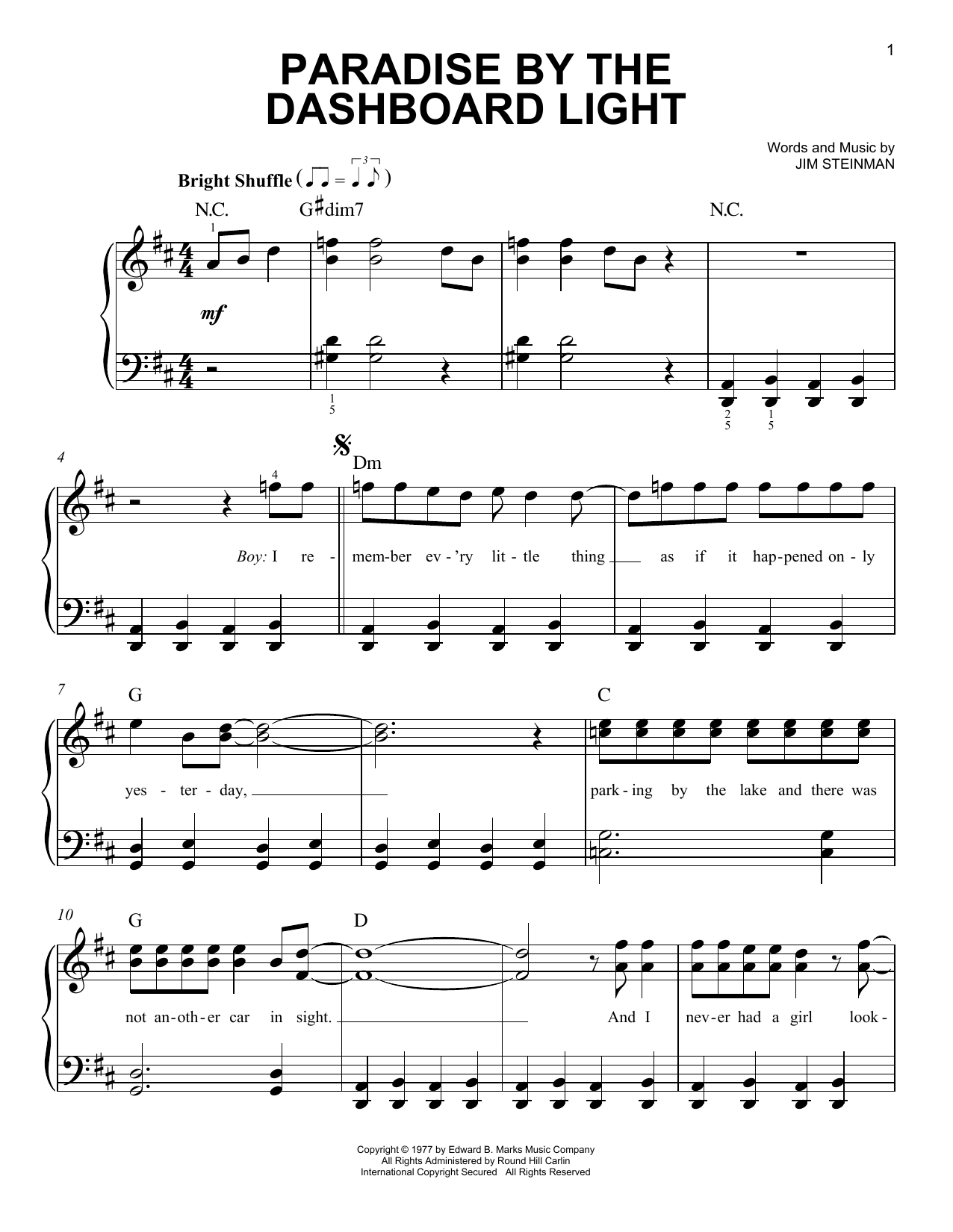 Meat Loaf Paradise By The Dashboard Light Sheet Music Notes & Chords for Easy Piano - Download or Print PDF