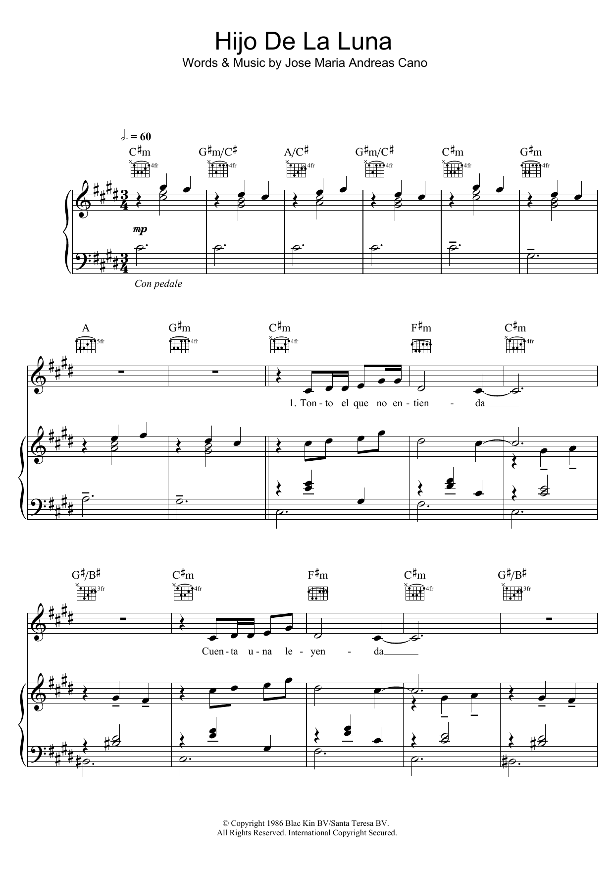 Mecano Hijo De La Luna Sheet Music Notes & Chords for Piano, Vocal & Guitar (Right-Hand Melody) - Download or Print PDF