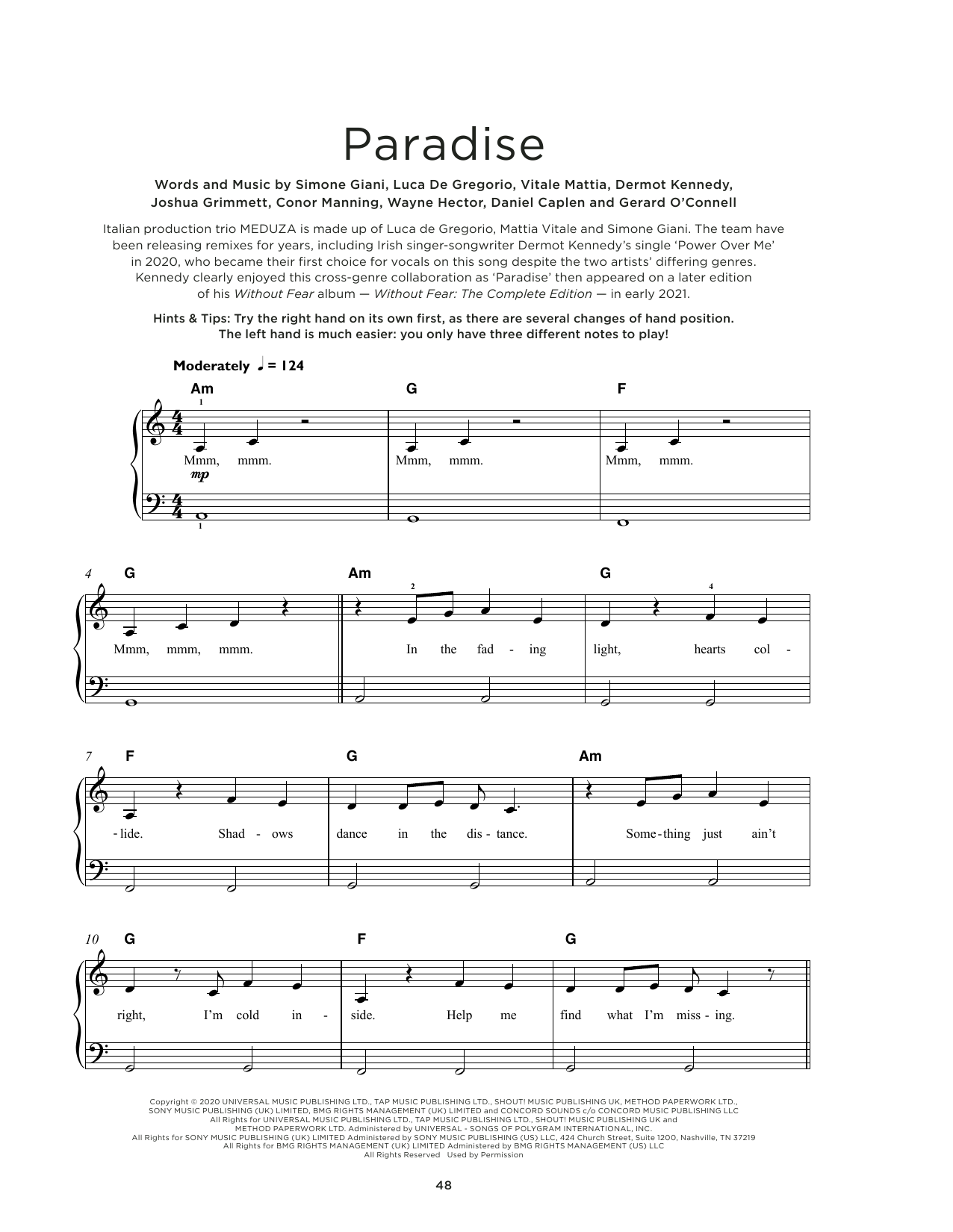 MEDUZA Paradise (feat. Dermot Kennedy) Sheet Music Notes & Chords for Really Easy Piano - Download or Print PDF