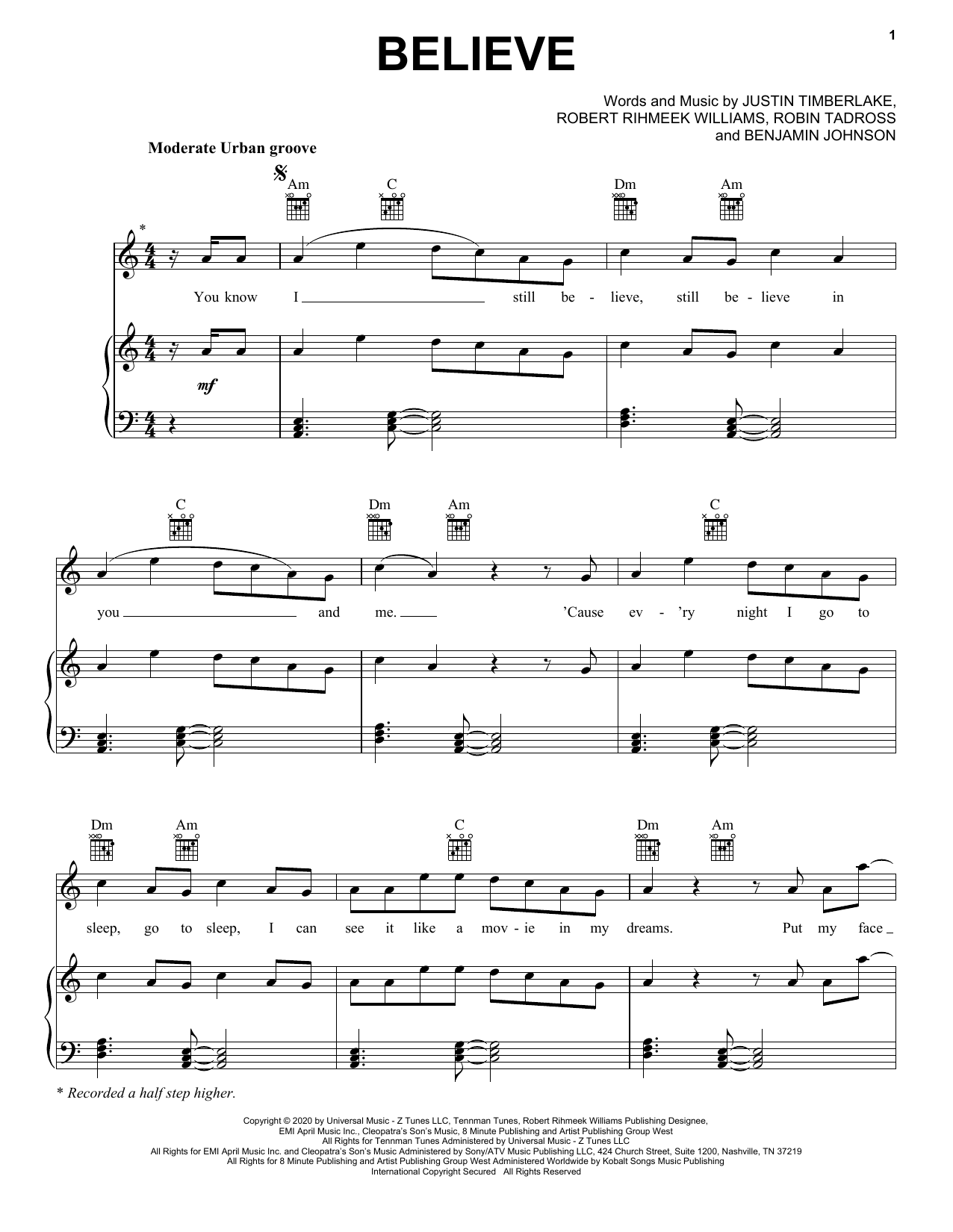 Meek Mill Believe (feat. Justin Timberlake) Sheet Music Notes & Chords for Piano, Vocal & Guitar (Right-Hand Melody) - Download or Print PDF