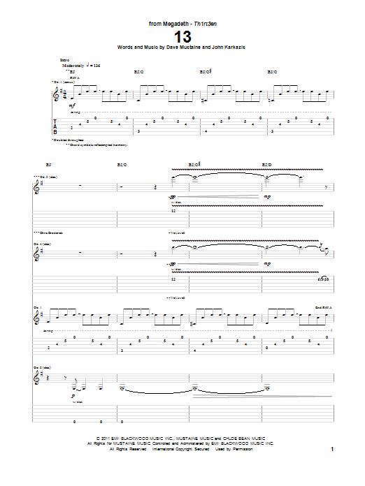 Megadeth 13 Sheet Music Notes & Chords for Guitar Tab - Download or Print PDF