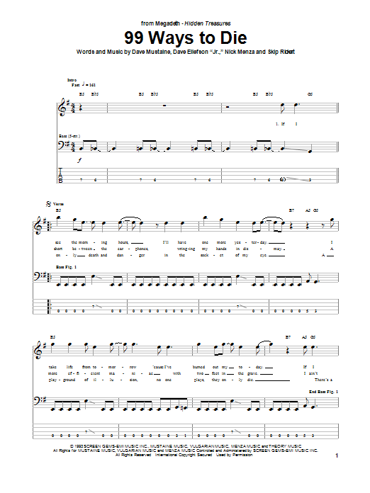 Megadeth 99 Ways To Die Sheet Music Notes & Chords for Bass Guitar Tab - Download or Print PDF