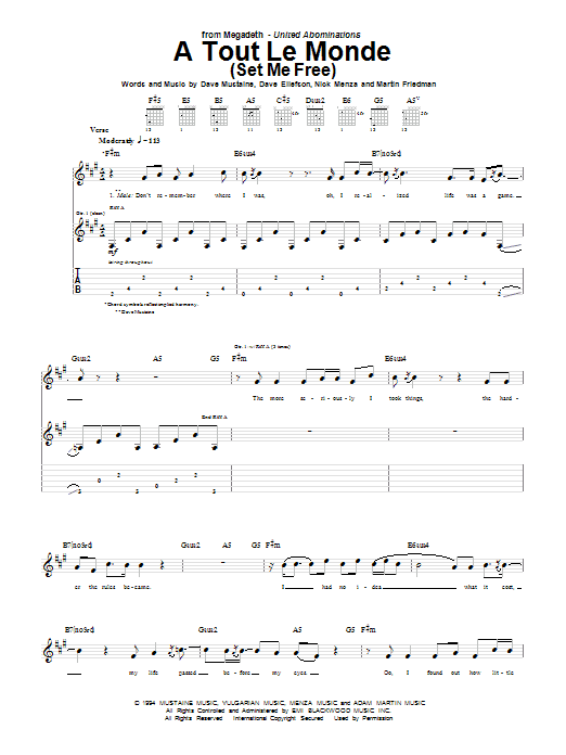 Megadeth A Tout Le Monde (A Tout Le Monde (Set Me Free)) Sheet Music Notes & Chords for Bass Guitar Tab - Download or Print PDF