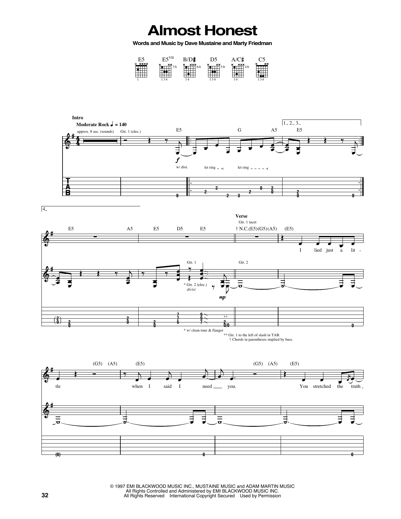 Megadeth Almost Honest Sheet Music Notes & Chords for Guitar Tab - Download or Print PDF