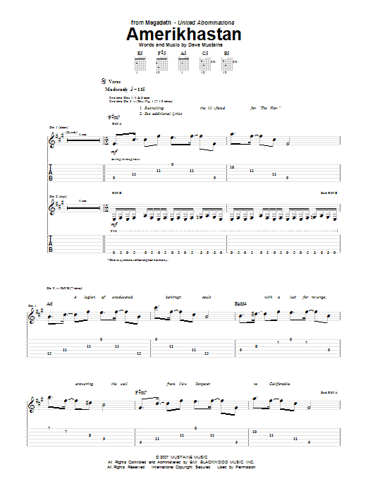 Megadeth Amerikhastan Sheet Music Notes & Chords for Guitar Tab - Download or Print PDF