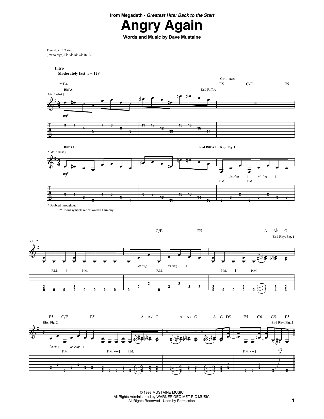 Megadeth Angry Again Sheet Music Notes & Chords for Guitar Tab - Download or Print PDF