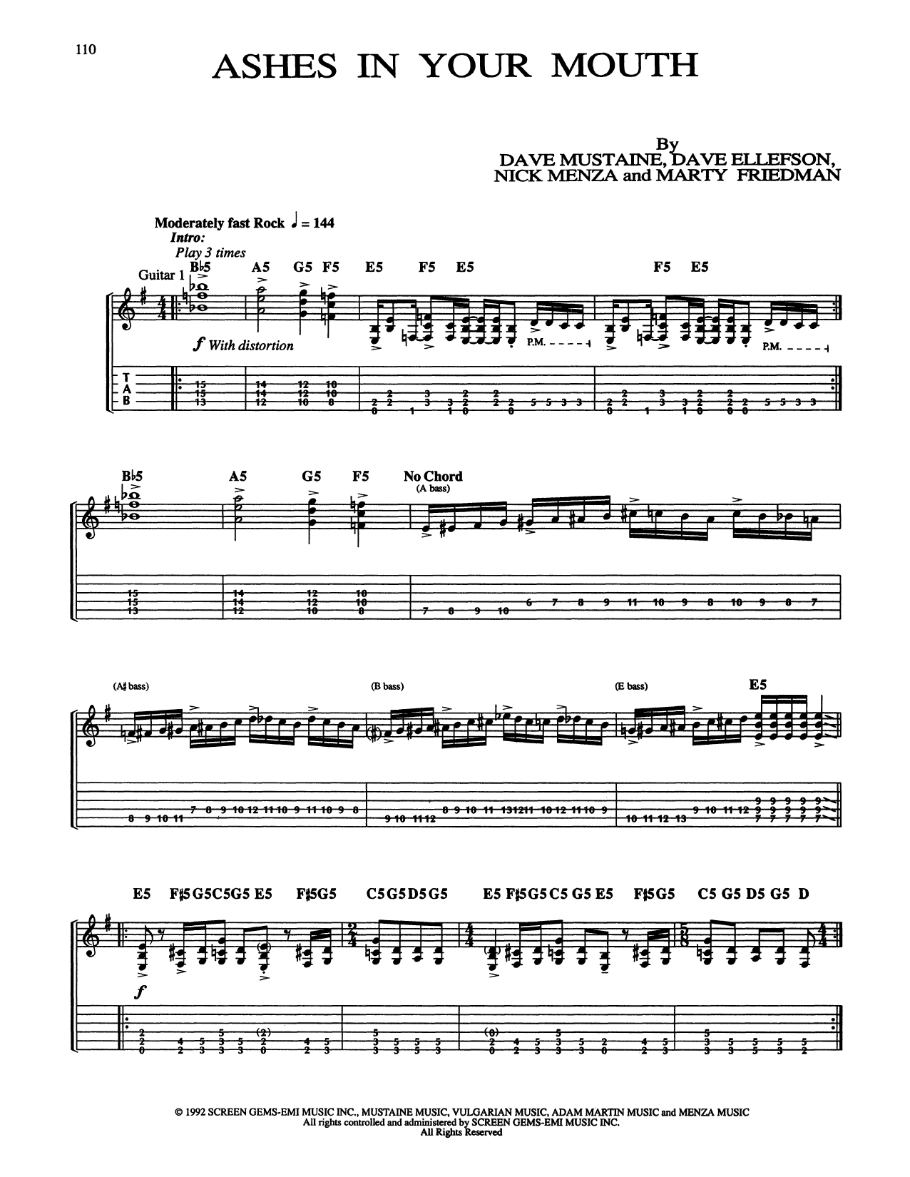 Megadeth Ashes In Your Mouth Sheet Music Notes & Chords for Guitar Tab - Download or Print PDF