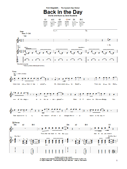 Megadeth Back In The Day Sheet Music Notes & Chords for Guitar Tab - Download or Print PDF